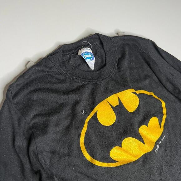 Vintage 1990 DC Comics Batman Long Sleeve Shirt Youth L Black Yellow Logo Belt - Picture 9 of 10